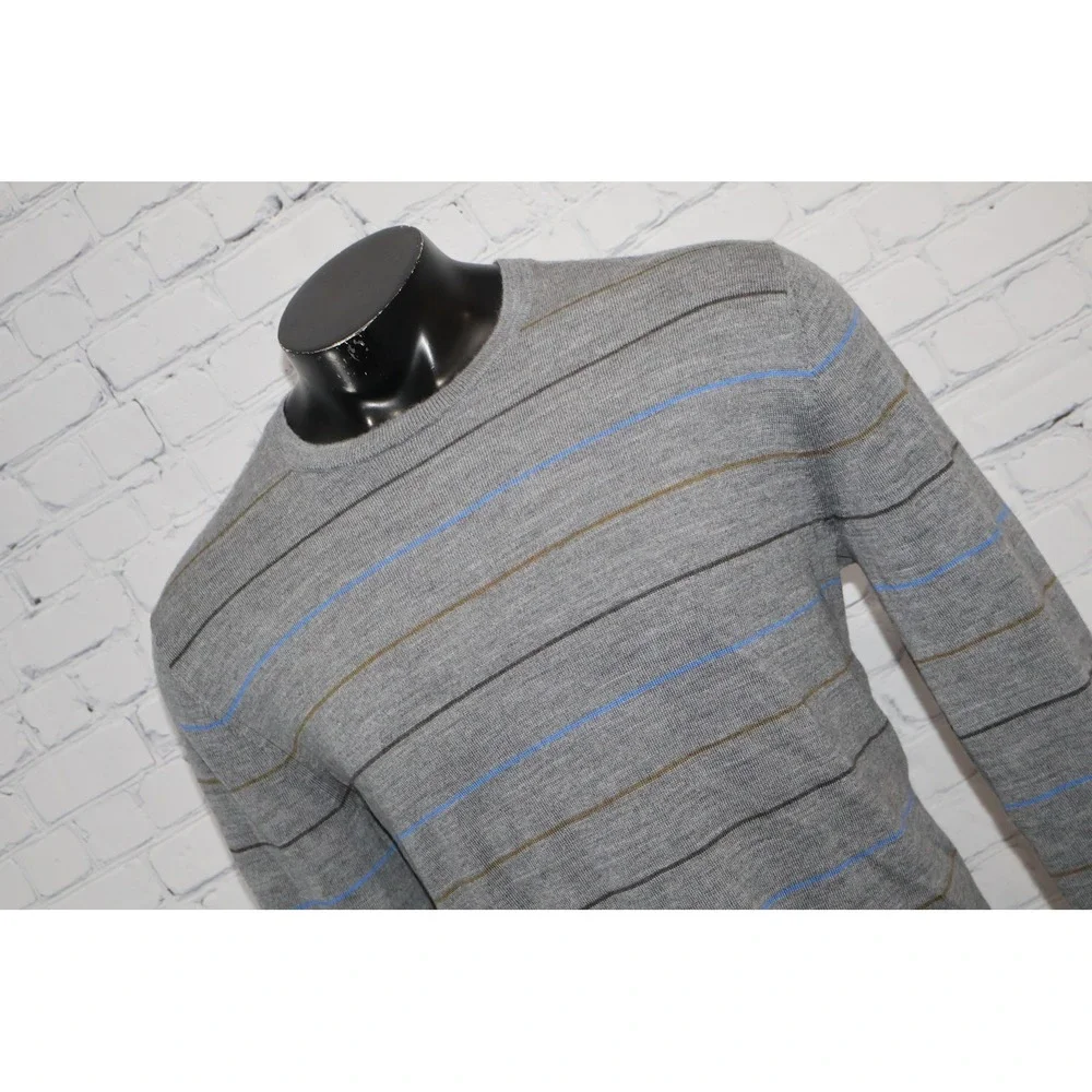 Banana Republic Sweater Mens XL Gray Striped Merino Wool Crew Neck Long Sleeve